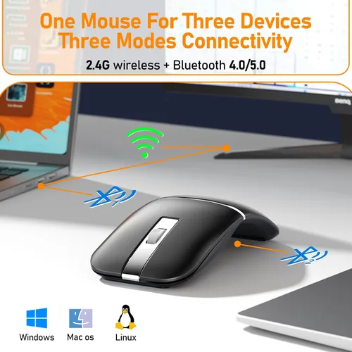 Vista 7 de Bluetooth - Ratón de viaje plegable, giratorio, inalámbrico, color negro Tipo C 2.4G receptor, delgado recargable, silencioso, para PC portátil