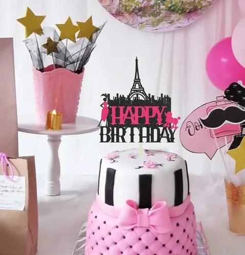 Vista 4 de Decoración para tartas de la Torre Eiffel de París de Feliz Cumpleaños para niñas y mujeres