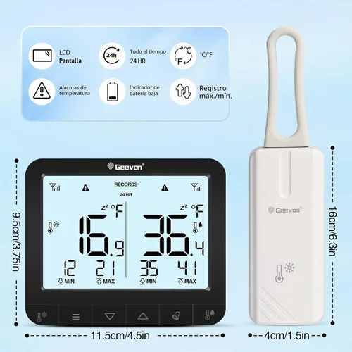 Vista 4 de Geevon Termómetro digital para refrigerador con alarma, icono de advertencia de batería baja, pantalla LCD de temperatura máxima/mínima, adecuado
