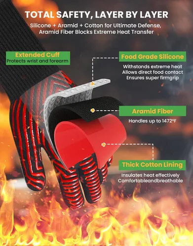 Vista 4 de GEEKHOM Guantes de horno ignífugos resistentes al calor: Certificado EN407 para 1472 °F, guantes de silicona flexibles de 13 pulgadas para hornear