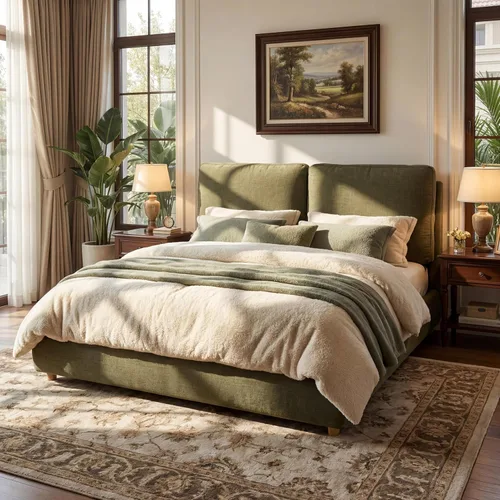 Vista 13 de Merax Cama de plataforma tapizada de tela Boucle tamaño Queen con dos cabeceras de almohada extraíbles, marco de cama de madera con patas redondas