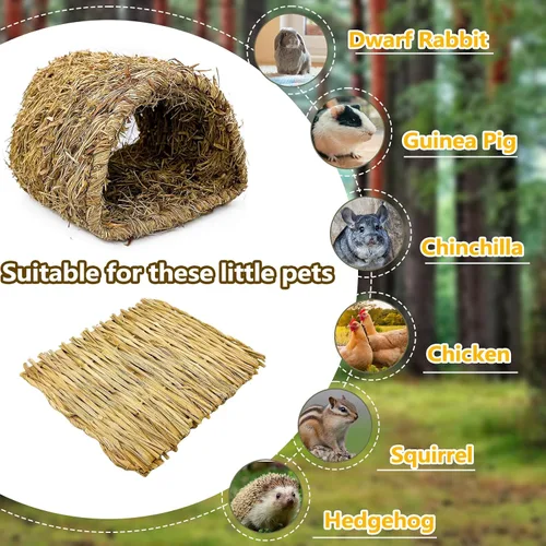 Vista 7 de Hamiledyi Túnel de hierba de conejo, cama de hierba de conejo, tapete tejido de paja natural para invierno, cabaña escondida cálida para conejo