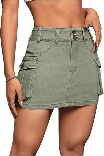 Vista 3 de WDIRARA Minifalda de mezclilla tipo cargo con botones y cintura baja para mujer con bolsillo