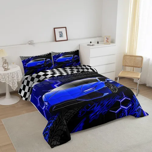 Vista 3 de Feelyou Juego de ropa de cama de coche de carreras para niños y niñas, tamaño individual, juego de edredón deportivo de velocidad para adolescentes
