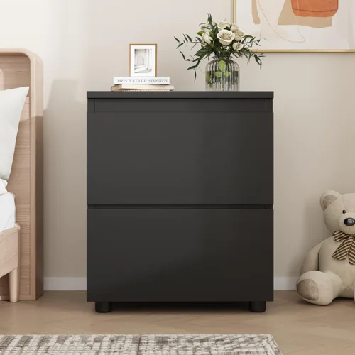 Vista 2 de AGOTENI Juego de 2 mesitas de noche, mesa auxiliar de madera con 2 cajones de almacenamiento para dormitorio, color negro