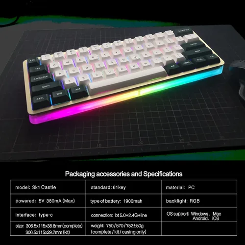 Vista 3 de DRAOZA Kit de teclado mecánico para juegos con retroiluminación RGB de 61 teclas, triple modo programable Bluetooth 5.0USB-C con cableteclado