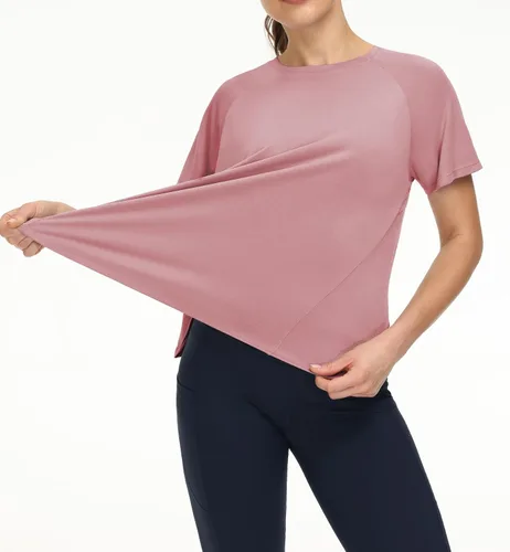 Vista 3 de THE GYM PEOPLE Camisetas de entrenamiento de manga corta para mujer, camisetas de yoga transpirables con aberturas laterales
