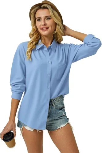 Vista 4 de Camisa de vestir con botones para mujer, blusas de manga larga, elásticas, casuales, para trabajo, con bolsillos