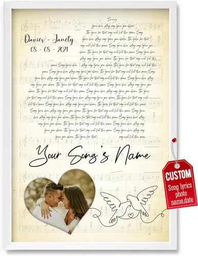 Vista 26 de H-DEWALL Póster personalizado de letras de canciones, regalo de boda único para parejas, personaliza con tus propias fotos, nombres y fecha, sin