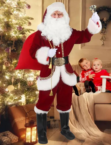 Vista 5 de Opemon Disfraz de Papá Noel para hombre, traje de Santa Claus de lujo, 11 piezas, color rojo, adulto, profesional, Navidad, cosplay, fiesta