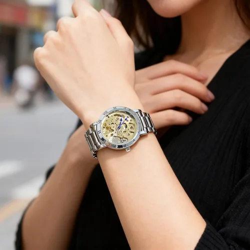 Vista 10 de Gute IK - Reloj automático para mujer, Steampunk con cuerda automática, pulsera plateada mecánica