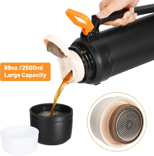 Vista 2 de 88oz Botella grande de termo para café para viajes, botella de agua de acero inoxidable aislada de 2500ml con taza y asa, jarra de agua para bebidas
