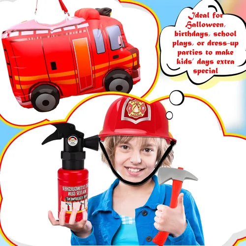 Vista 6 de Disfraz inflable de camión de bomberos de 6 piezas, incluye 1 casco de bombero, 4 accesorios de extinción de incendios para niños y niñas