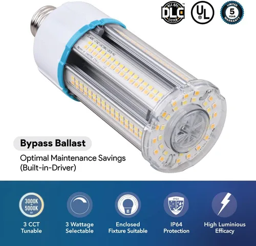Vista 4 de Euri Lighting ECB27W-303sw, Bombilla LED de maíz, CCT (3K, 4K, 5K) y potencia sintonizable (27W, 18W, 12W), 135-150LM/W, 100~277VAC, atenuación