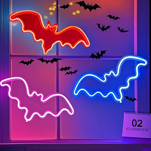 Vista 17 de Letreros de neón de murciélago para dormitorio, mesita de noche, decoración de pared, decoración de Halloween, luces LED de noche, adornos de mesa