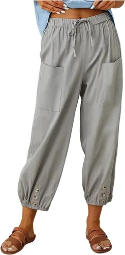 Vista 19 de Pantalones capri de cintura alta con cordón y botón de algodón suelto casual con bolsillos para mujer
