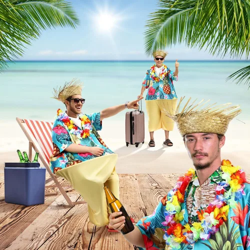 Vista 4 de Toulite 6 piezas de disfraz de turista para adultos, disfraz de viajero pegajoso, disfraces de parejas, sombrero de paja, guirnalda hawaiana