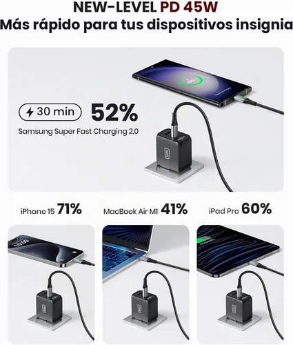 Vista 4 de Cargador USB C, INIU de 2 puertos y 45 W, cargador súper rápido tipo C, mini cargador de pared PD PPS USB C plegable de GaN Tech para Samsung Galaxy