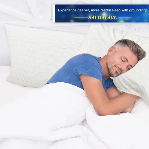 Vista 5 de Fundas de almohada Queen con cable de conexión a tierra de 15 pies, 2 fundas de almohada conductoras de fibra de algodón de fibra plateada para un