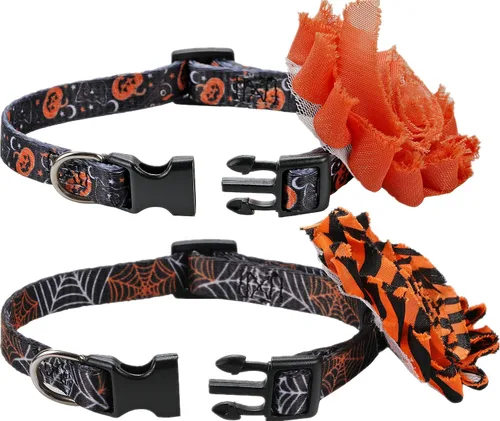 Vista 3 de Collar de perro de Halloween con flor desmontable, collar de calabaza de araña para mascotas pequeñas y cachorros