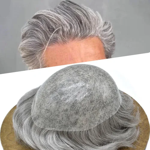 Vista 32 de PU Toupee para hombres pieza de pelo real sistema de reemplazo de cabello humano para hombres Toupee pieza de pelo para hombres piel polivinílica