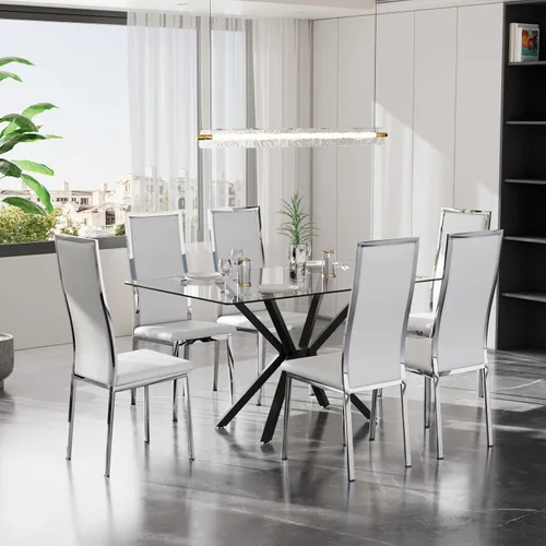 Vista 20 de Juego de 4 mesas de comedor de cristal negro, mesa de cocina minimalista moderna de 47 pulgadas con 4 sillas de comedor clásicas negras y plateadas