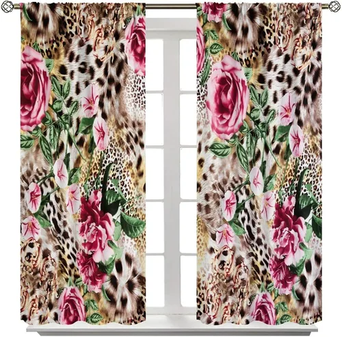 Vista 2 de Cortinas de leopardo con estampado de flores de guepardo y rosas de África, con bolsillo para cortinero, para dormitorio, sala de estar, decoración