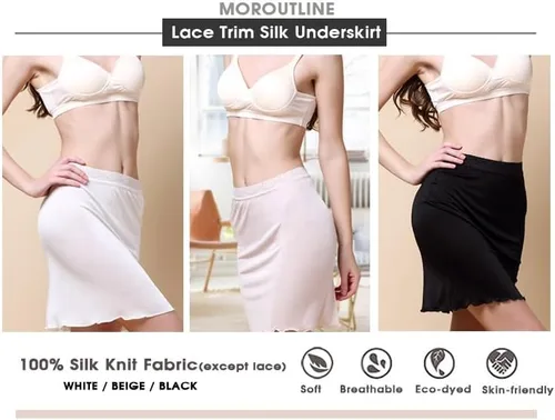 Vista 6 de Vestido corto de seda para mujer con ribete de encaje, cintura corta, anti adherencia, sin costuras, para debajo del vestido