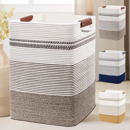 Vista 21 de DOFASAYI Cesta de lavandería grande de 72 litros con asas de cuero, cesta de almacenamiento decorativa para mantas, cesta de ropa para sala