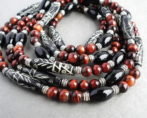 Vista 7 de Mami's Gem Studio Collar de estilo tribal para hombre, cuentas con hueso tallado, ónix negro y piedras preciosas, hecho a mano en Estados Unidos
