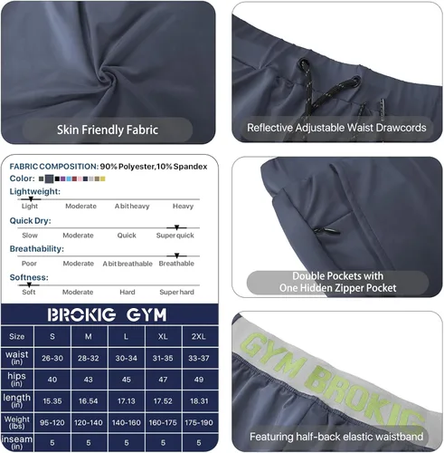 Vista 6 de BROKIG Pantalones cortos de gimnasio ligeros para hombre, pantalones cortos de entrenamiento atlético para hombre con bolsillos para culturismo