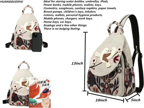 Vista 107 de HUANGGUOSHU Mochila de algodón tejida de algodón bohemio con bordado de lona estilo bohemio con múltiples bolsillos retro linda mochila cartera