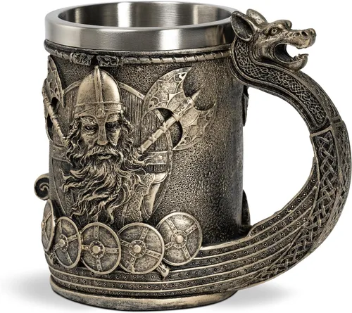 Vista 2 de CHICVITA Taza de cerveza vikinga con mango de dragón, taza de café, 18 Marrón
