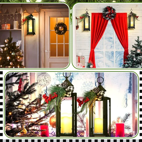Vista 5 de Baquler 2 faroles de metal negros de Navidad y velas LED falsas de 12 y 15 pulgadas, faroles decorativos con adorno de Navidad para porche
