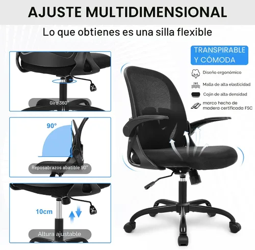 Vista 7 de Primy Silla de Oficina Ergonómica Silla de Escritorio con Reposabrazos Abatibles Silla de Escritorio Giratoria de Malla Transpirable para Negro