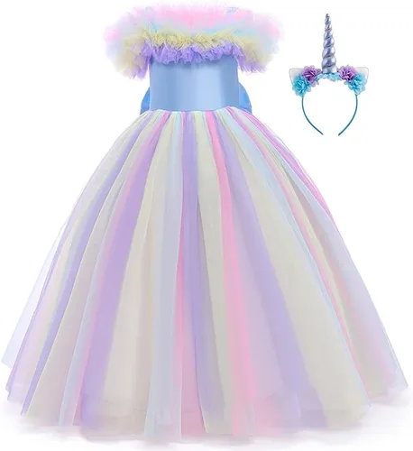 Vista 65 de Disfraz de unicornio para niñas, vestido largo de tul con diadema, fiesta de cumpleaños, carnaval, cosplay