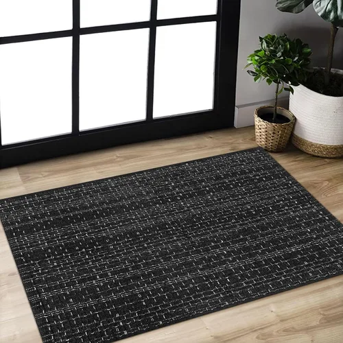 Vista 2 de Alfombra de baño estilo bohemio, 2 x 3 pies, alfombra de algodón tejida a mano para entrada, reversible, lavable, alfombra estilo granja, color Negro