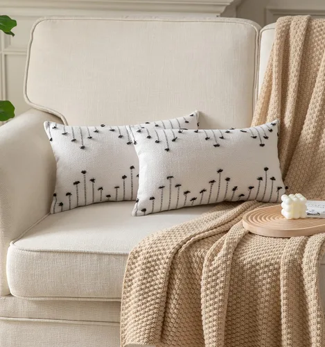 Vista 3 de Fundas de almohada boho de 12 x 20 pulgadas, juego de 2 almohadas decorativas para cama, fundas de almohada neutras color beige con línea negra
