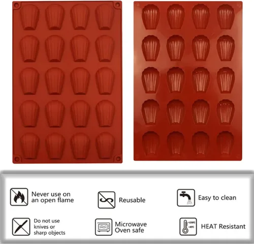Vista 3 de Molde de madeleine de 20 cavidades, 2 moldes de silicona antiadherentes, molde para hornear pasteles en forma de concha (rojo ladrillo)