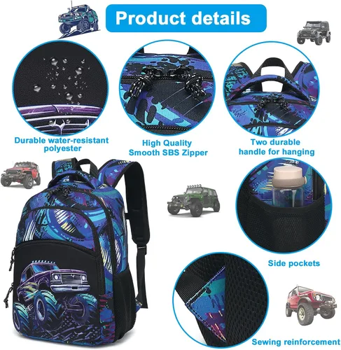 Vista 6 de Mochila escolar para niños y niñas, mochila escolar para preescolar y jardín de infantes, bolsas de guardería, Vehículo todoterreno negro-azul