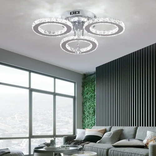 Vista 6 de Deckrico Moderno candelabro de cristal de montaje empotrado, lámpara de techo colgante de acero inoxidable de 3 anillos redondos para sala de estar