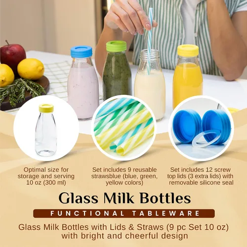 Vista 2 de Botellas de leche de vidrio de 10 onzas con tapas y popotes (paquete de 9) pequeños vasos herméticos con tapas, botellas reutilizables para jugos
