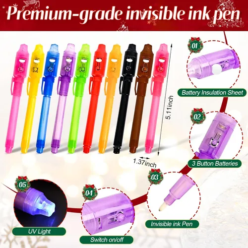 Vista 3 de EODVICS Paquete de 10 bolígrafos de tinta invisible con luz UV, bolígrafo espía mágico para mensajes secretos, fiesta de cumpleaños, Halloween