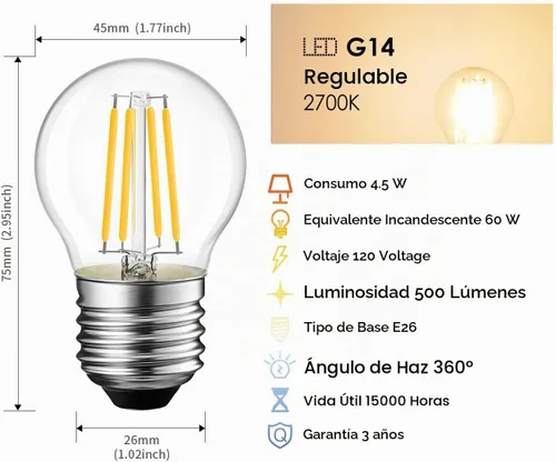 Vista 8 de LVWIT Bombilla de filamento LED G14, equivalente a 60 W, blanco cálido de 4.5W-Transparente
