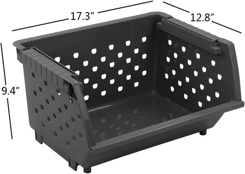 Vista 2 de Paquete de 4 cestas apilables de plástico gris para almacenamiento