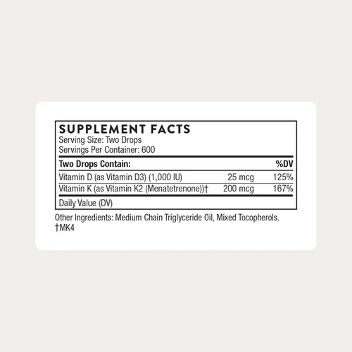 Vista 2 de THORNE - Vitamina D + K2 Líquida con un Dosificador Medido - Vitaminas D3 & K2 para Apoyar Huesos y Músculos Saludables* - 1 Fl Oz (30 ml) - 600