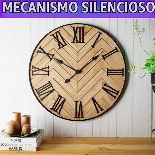 Vista 3 de Reloj de pared grande de 24 pulgadas, redondo, metal silencioso y madera