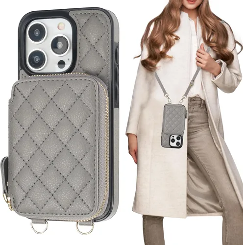 Vista 9 de Bocasal Funda tipo cartera con bandolera para iPhone 15 Pro, cartera de mano de piel sintética con cremallera y bloqueo RFID, funda tipo cartera
