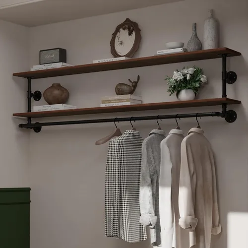 Vista 14 de Perchero negro de 36 pulgadas, perchero montado en la pared con estante de madera real negra, perchero colgante resistente, barra para colgar