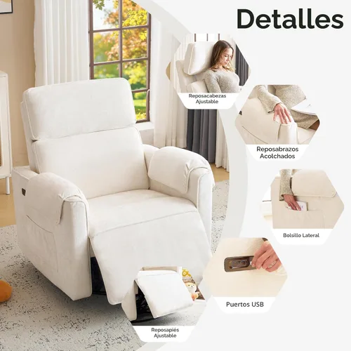 Vista 9 de Silla reclinable eléctrica extragrande, sillón basculante giratorio de 26" extra ancho con reposacabezas ajustable, silla mecedora de chenilla